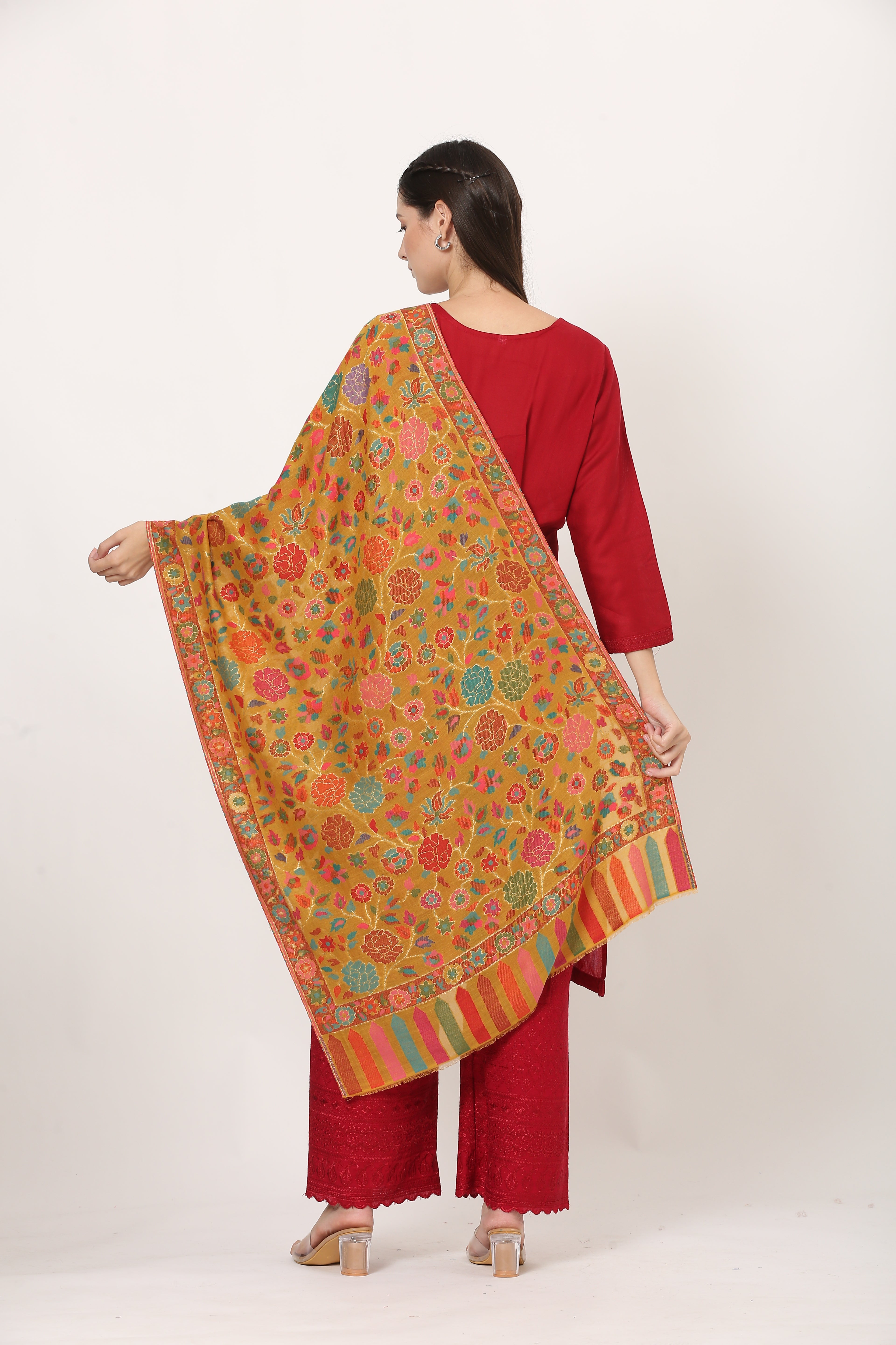 kani zari pashmina stole mustard
