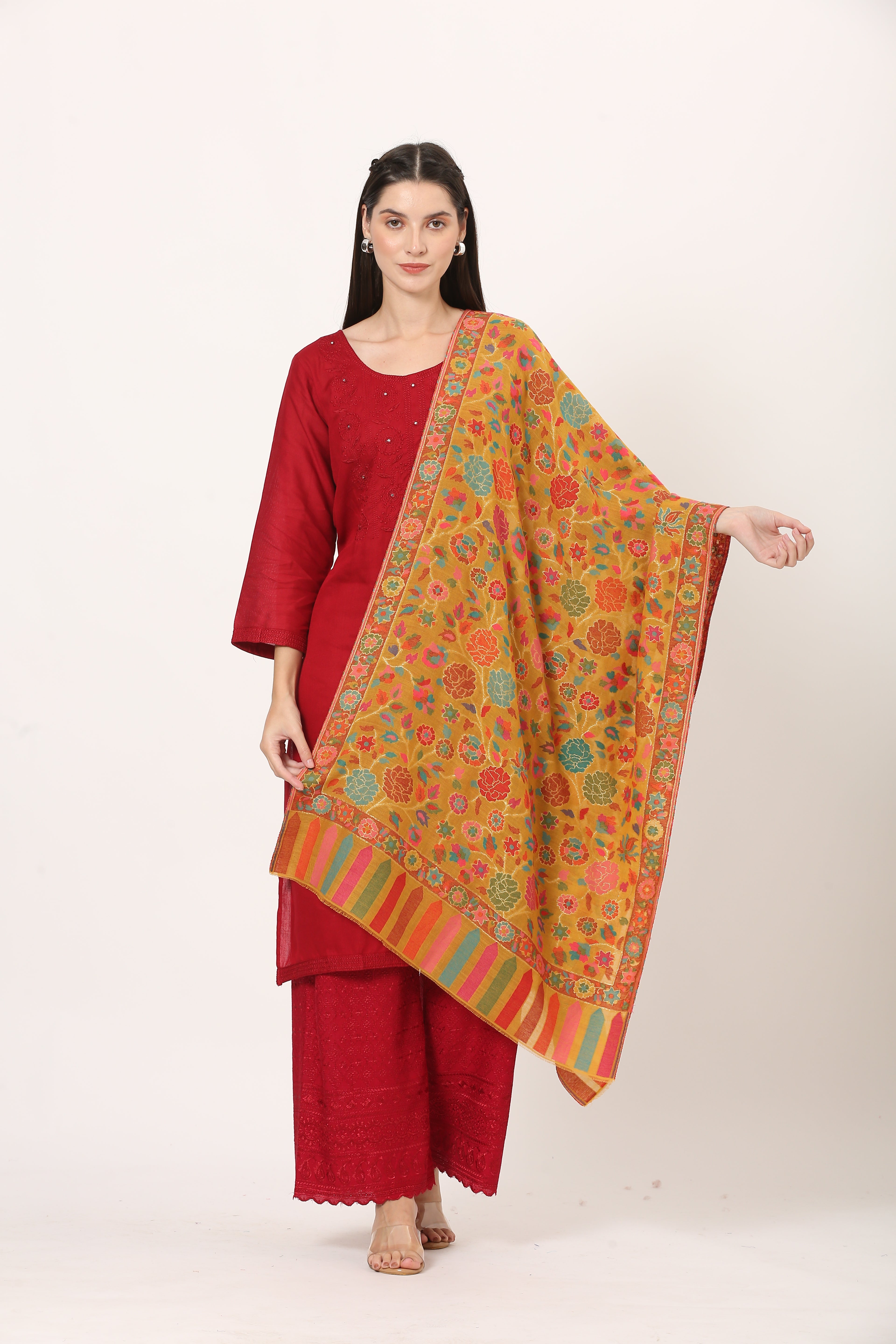 kani zari pashmina stole mustard