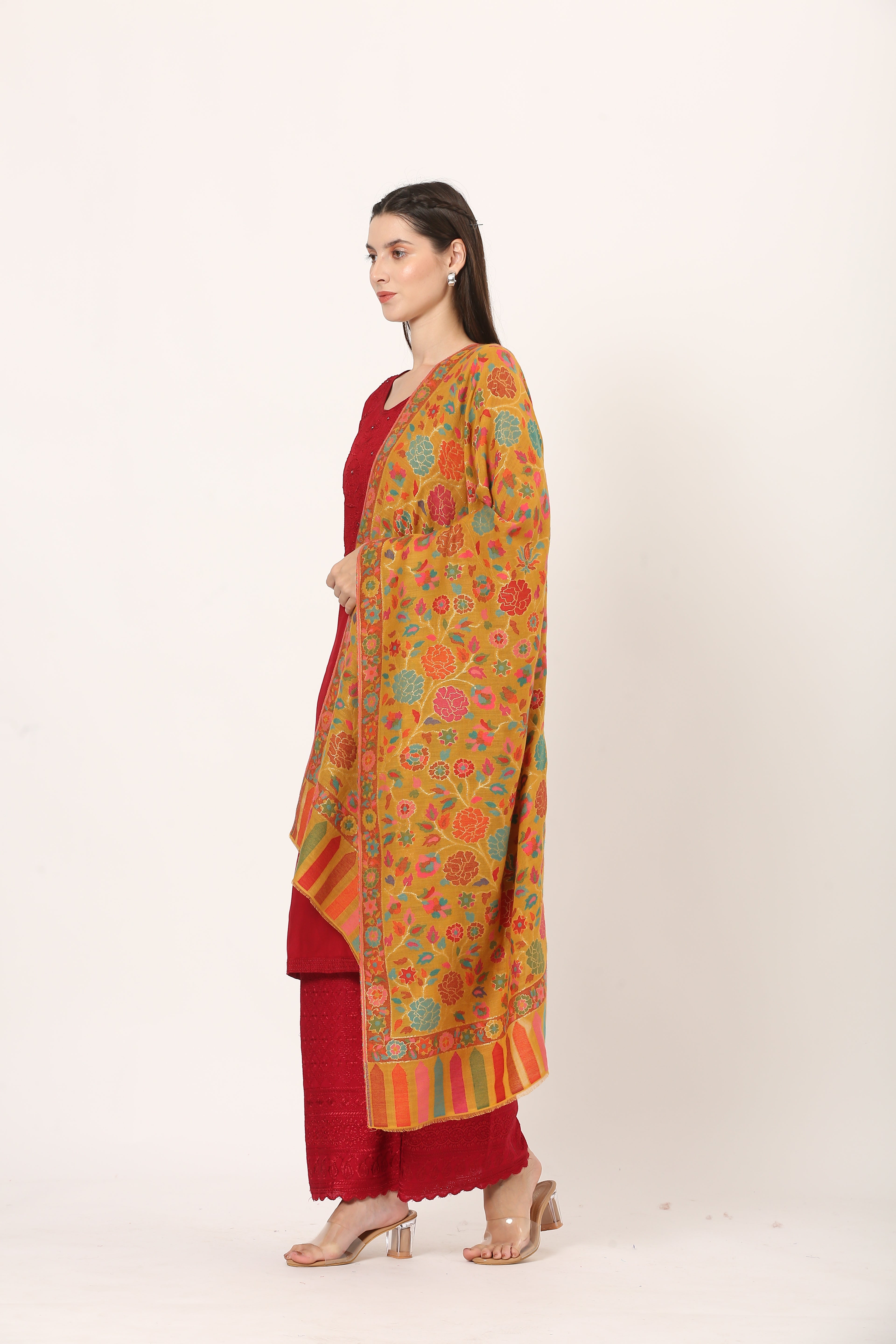 kani zari pashmina stole mustard