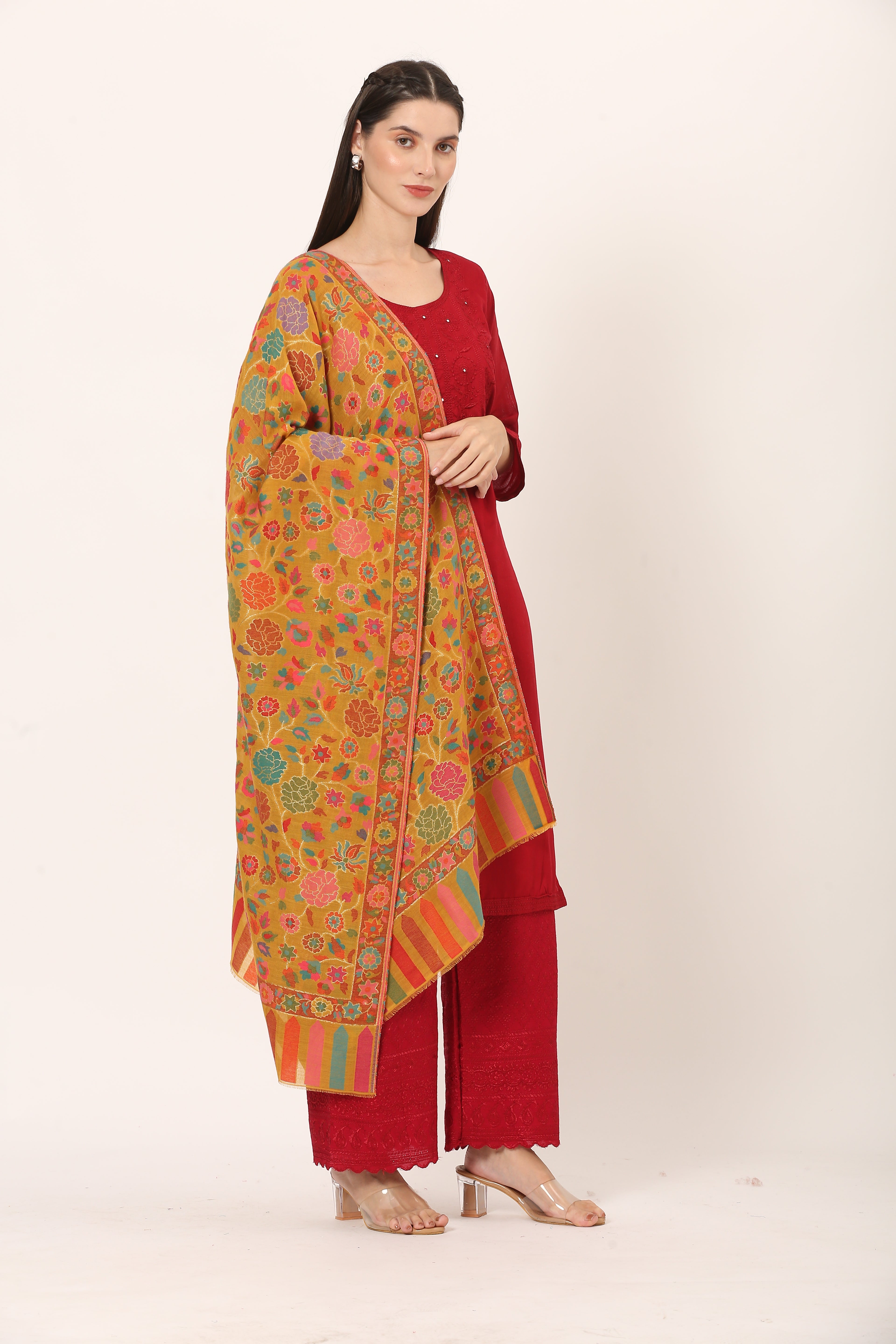 kani zari pashmina stole mustard