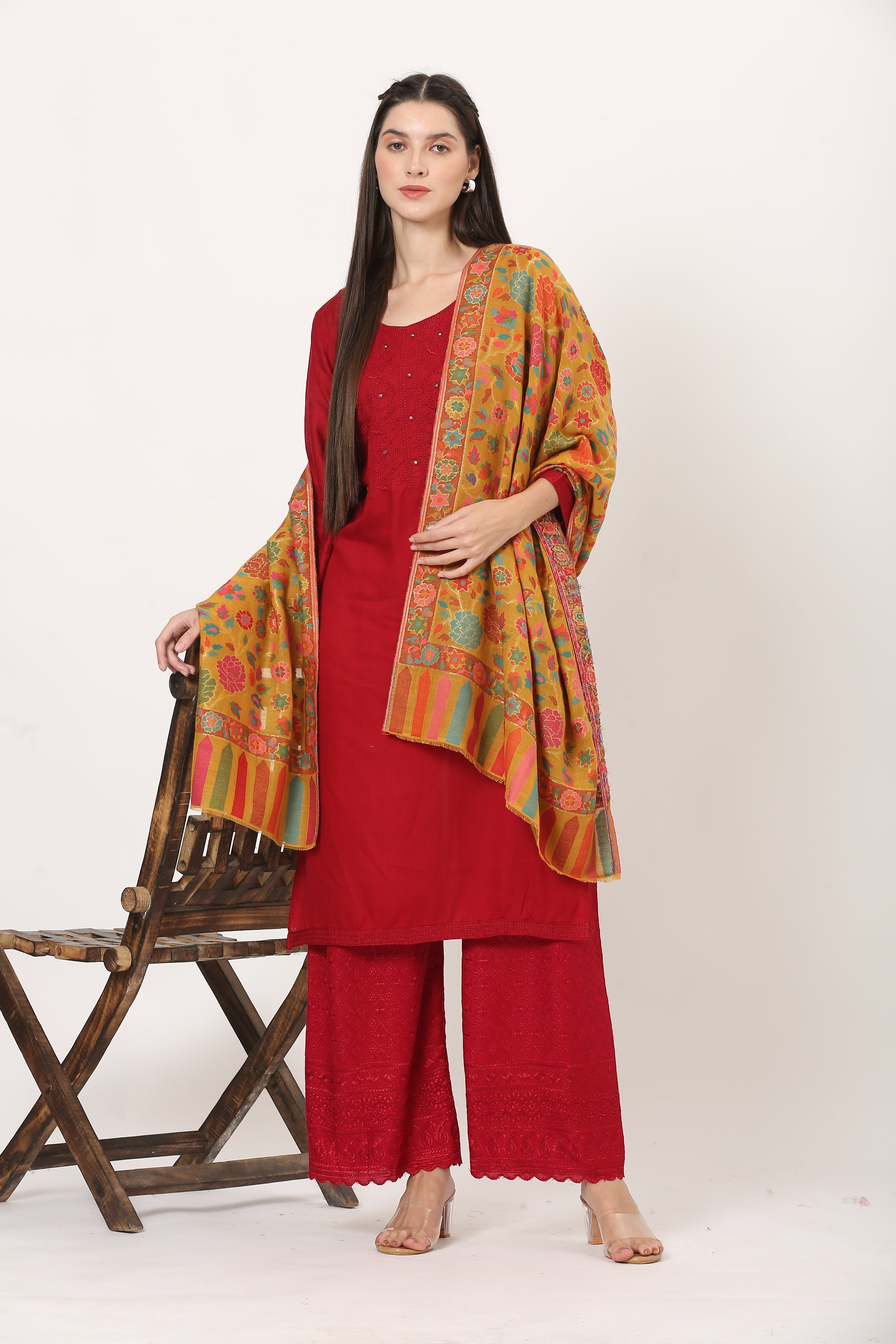 kani zari pashmina stole mustard