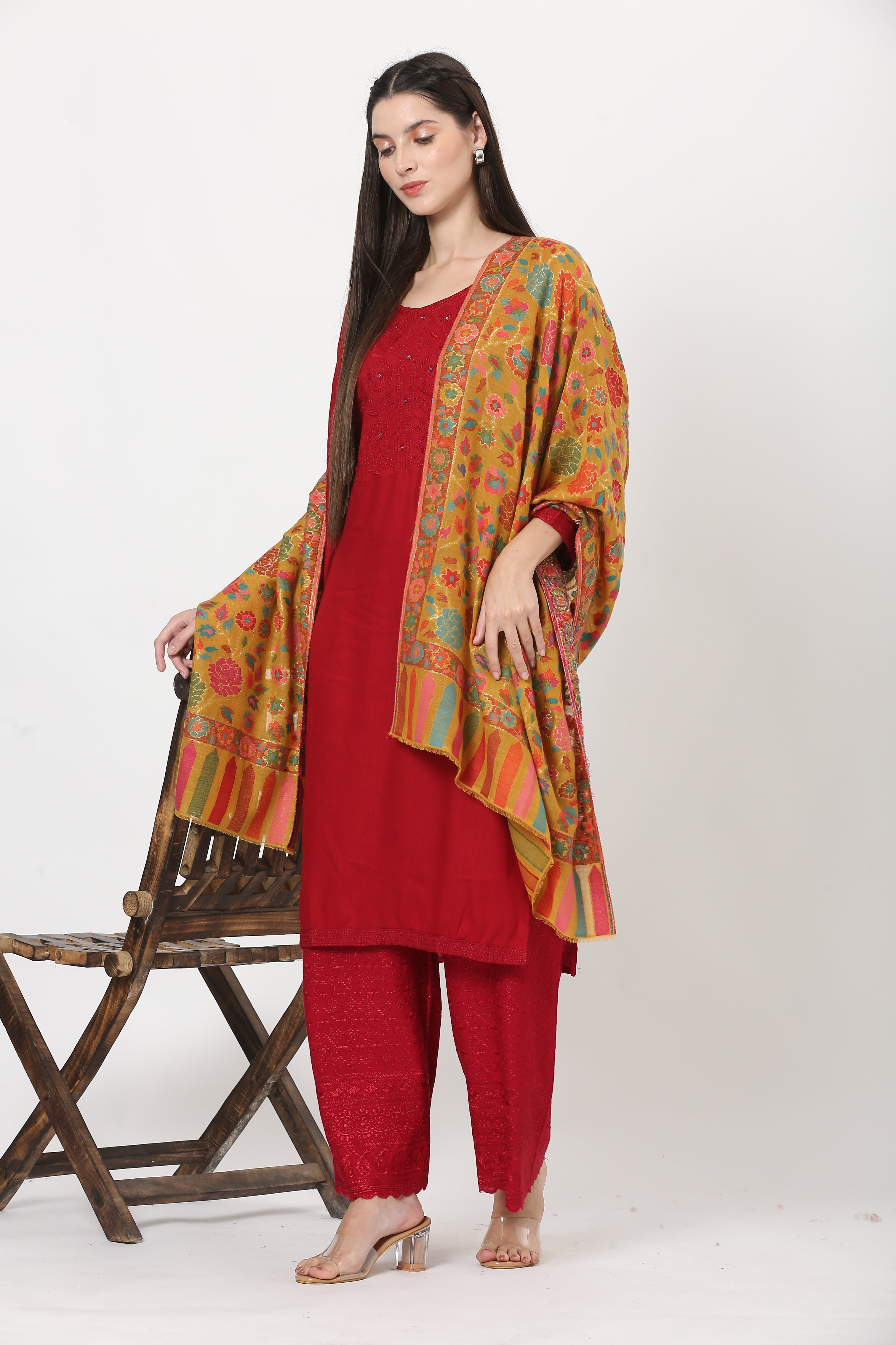 kani zari pashmina stole mustard