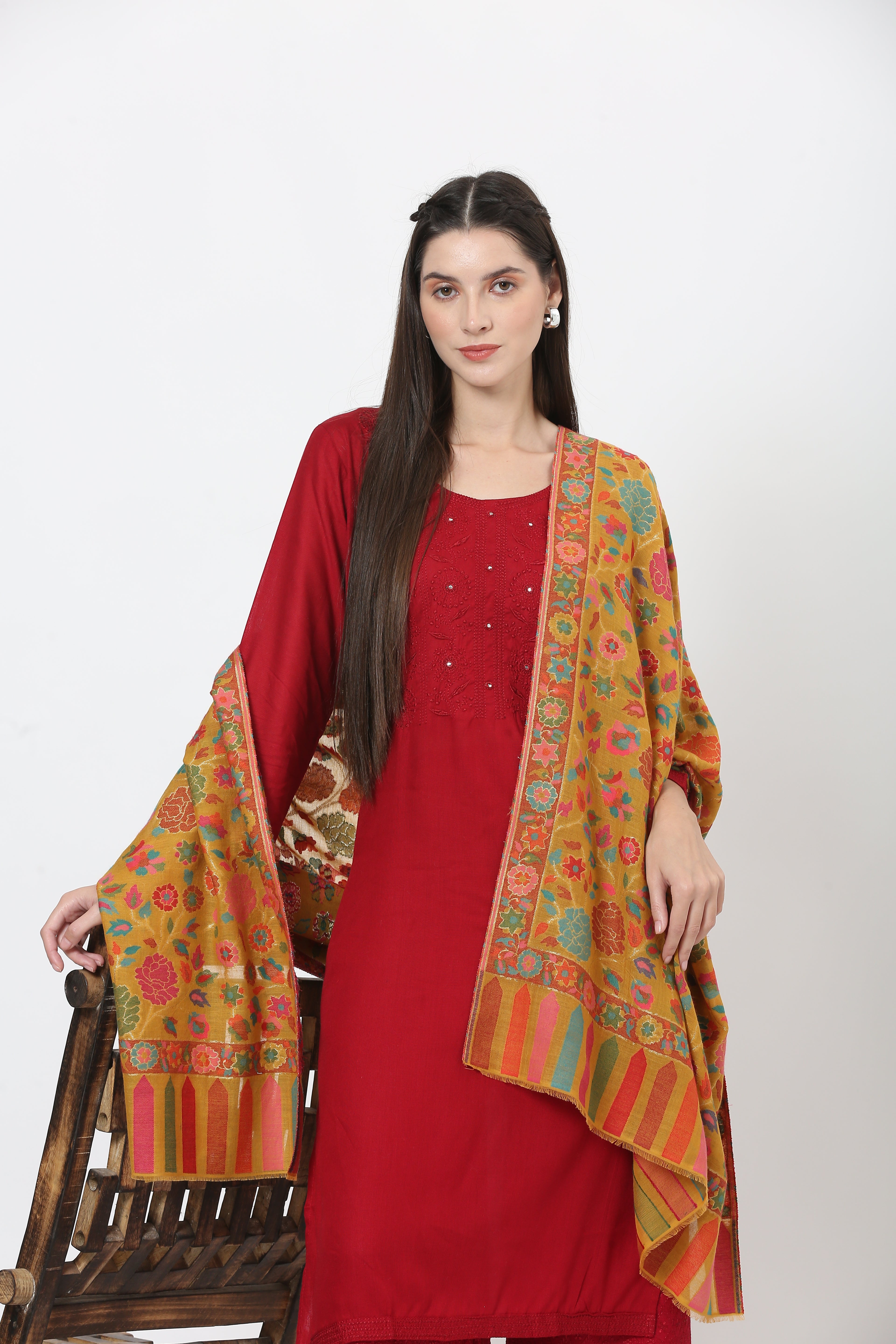 kani zari pashmina stole mustard