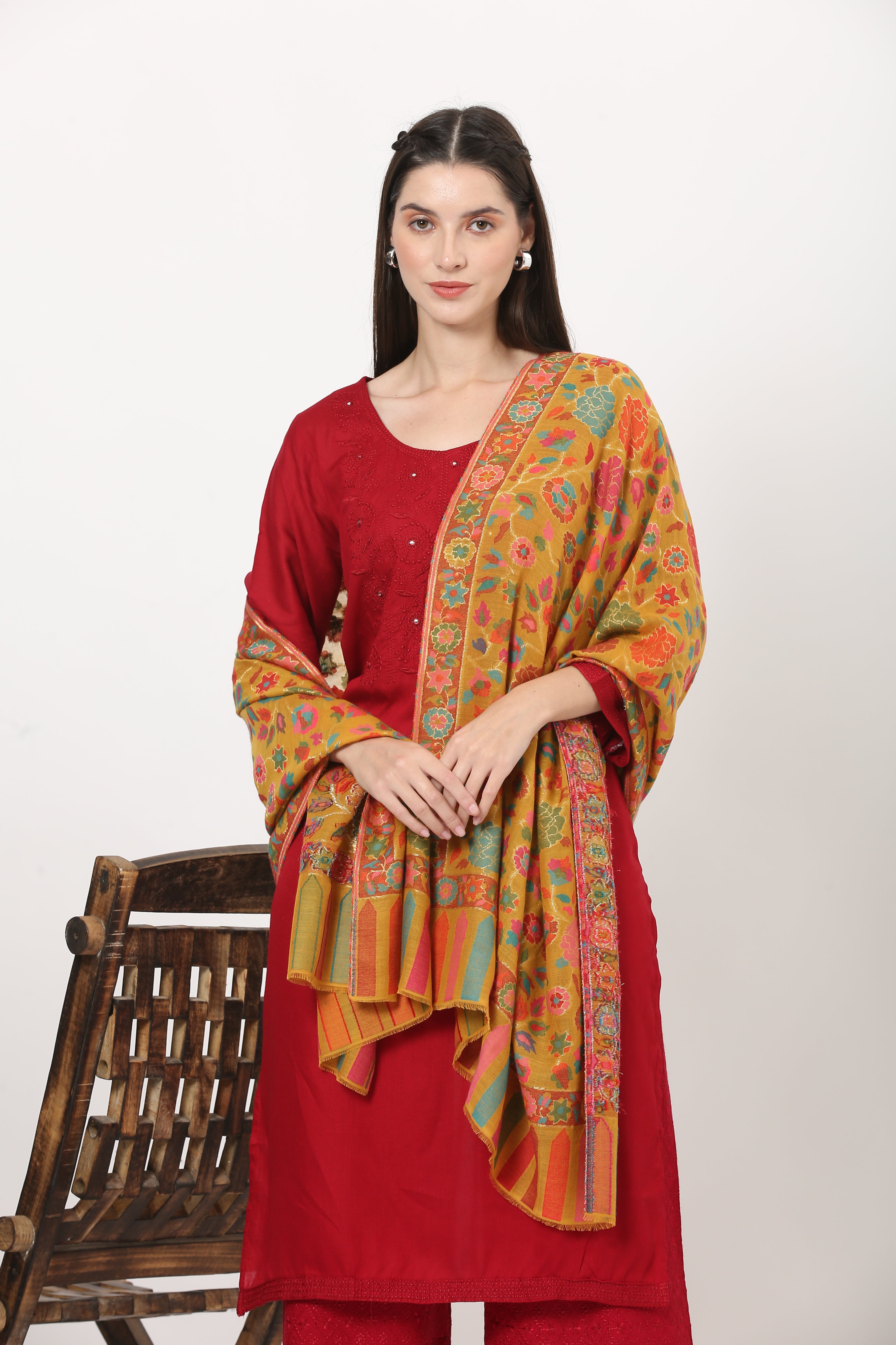 kani zari pashmina stole mustard